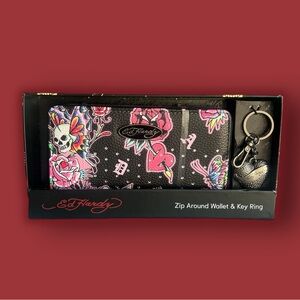 Ed Hardy Tattoo Print Zip Wallet & Metal Heart Keychain (NWT)